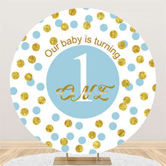 Lofaris Our Baby Is Turning One Blue Happy Birthday Round Backdrop