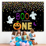 Load image into Gallery viewer, Lofaris Our Little Boo Is Turning One Black Glitter First Birthday Theme Backdrop