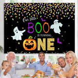 Load image into Gallery viewer, Lofaris Our Little Boo Is Turning One Black Glitter First Birthday Theme Backdrop