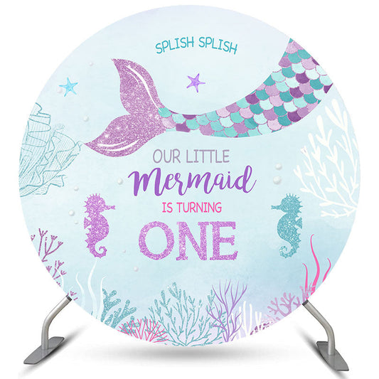 Lofaris Our Little Mermaid Is Turning One Round Birthday Backdrop