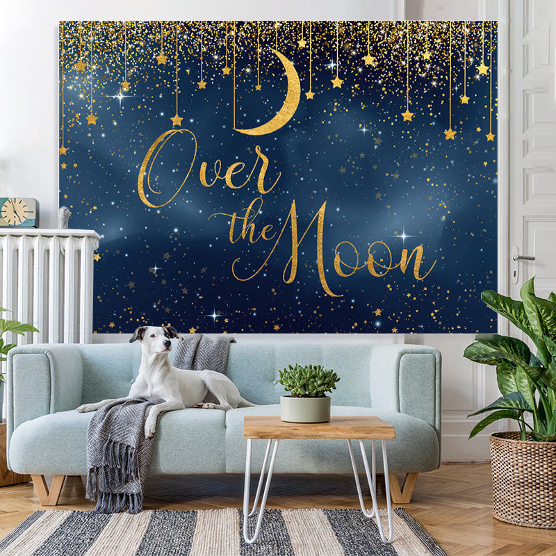 Lofaris Over the Moon Blue and Golden Star Baby Shower Backdrop