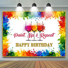 Lofaris Paint Sip and Repeat Rainbow Happy Birthday Backdorp