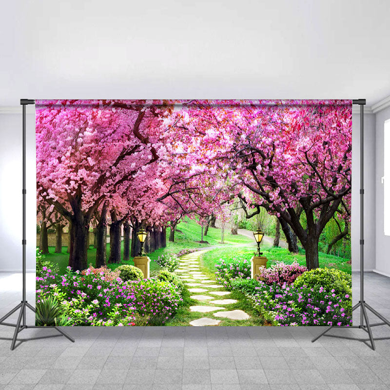 Lofaris Peach Blossom And Green Grassland Spring Theme Backdrop