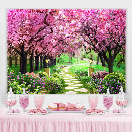 Lofaris Peach Blossom And Green Grassland Spring Theme Backdrop