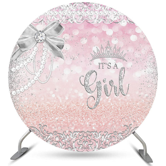 Lofaris Pearls And Diamonds Bow Pink Circle Baby Shower Backdrop
