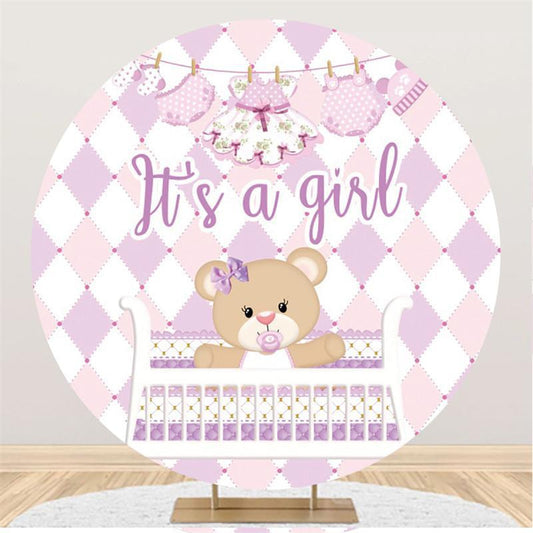 Lofaris Perple Teddy Bear Its A Girl Round Baby Shower Backdrop