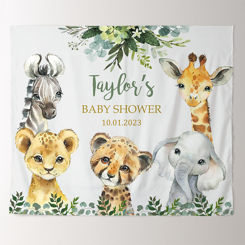 Lofaris Personalized Animal And Leaves Baby Shower Backdrop Banner