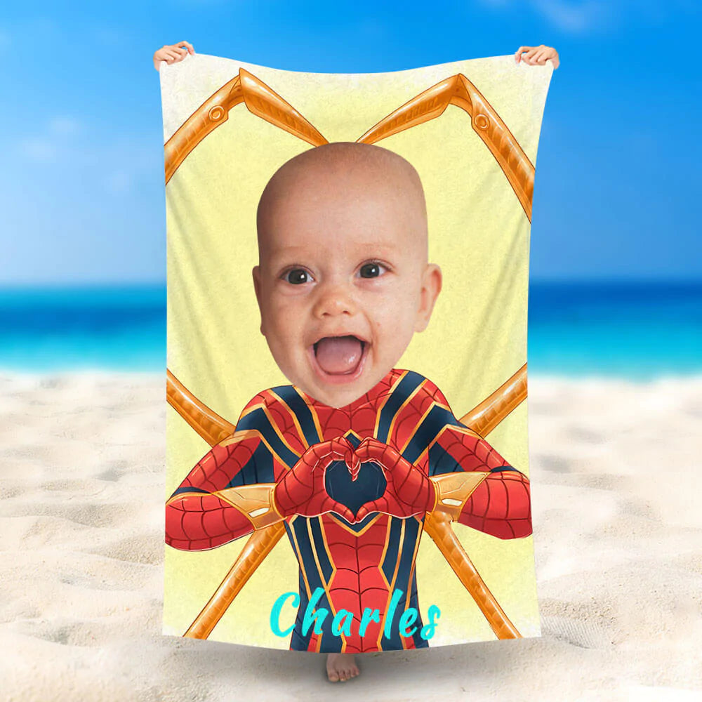 Lofaris Personalized Baby Spiderman Heart Yellow Beach Towel
