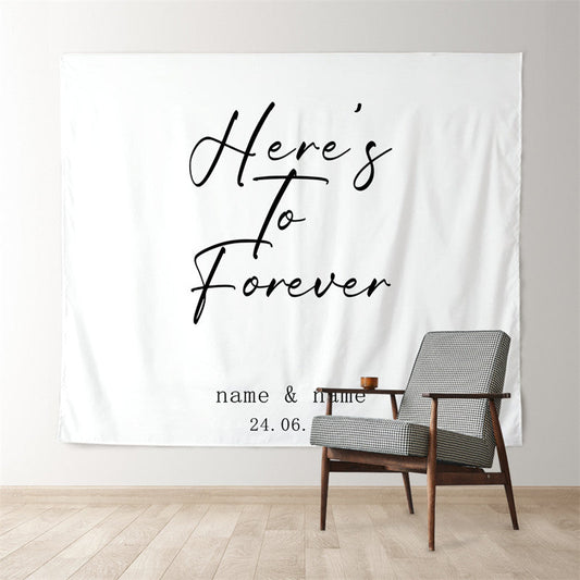 Lofaris Personalized Black Heres To Forever White Wedding Backdrop