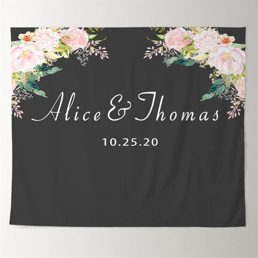 Lofaris Personalized Black Pink Floral Wedding Reception Backdrop