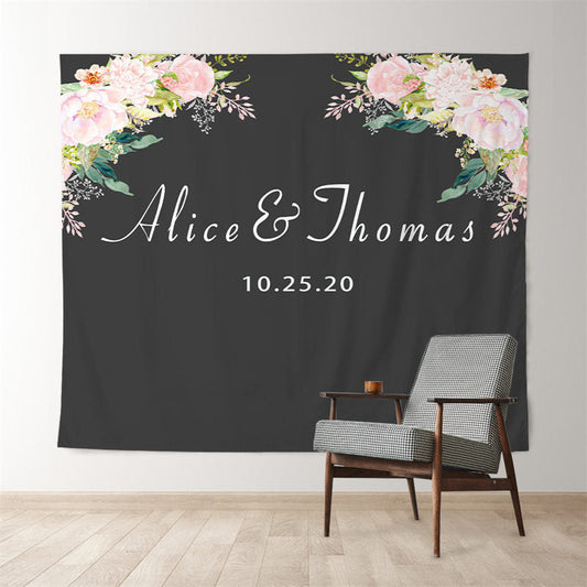 Lofaris Personalized Black Pink Floral Wedding Reception Backdrop