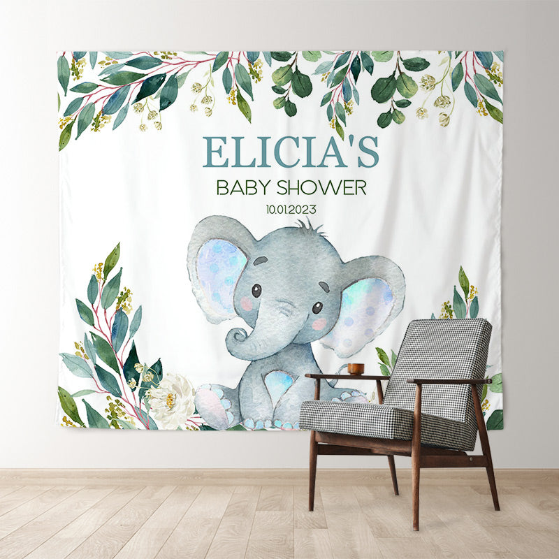 Lofaris Personalized Blue Elephant Baby Shower Backdrop Banner
