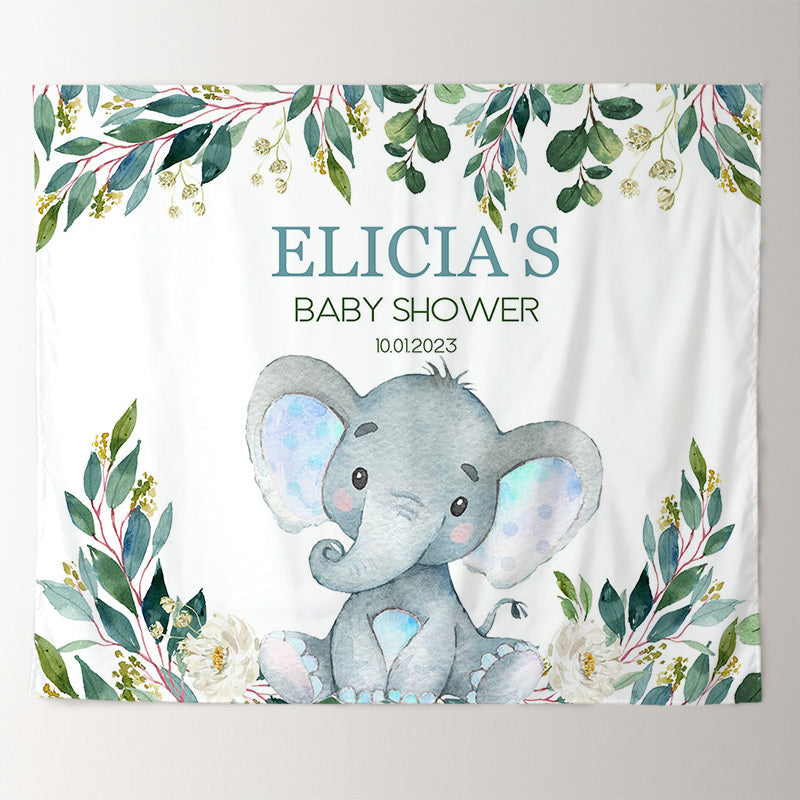 Lofaris Personalized Blue Elephant Baby Shower Backdrop Banner