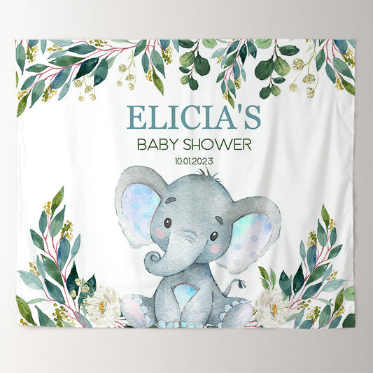 Lofaris Personalized Blue Elephant Baby Shower Backdrop Banner