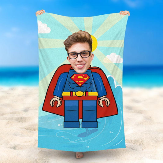 Lofaris Personalized Blue Superman Print Photo Beach Towel