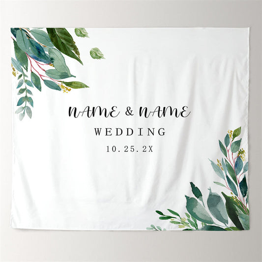 Lofaris Personalized Boho Simple Green Leaf Wedding Backdrop Banner