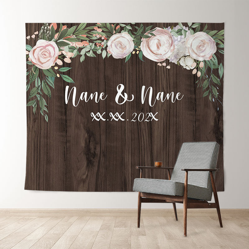 Lofaris Personalized Brown Wooden And Pink Floral Wedding Backdrop