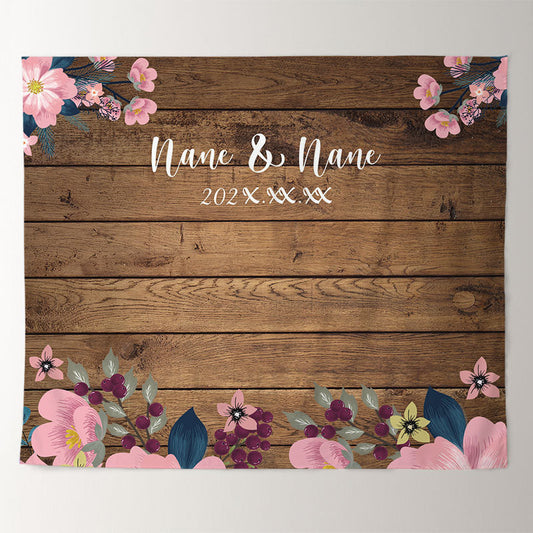 Lofaris Personalized Brown Wooden Floral Wedding Backdrop