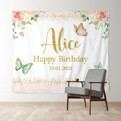 Lofaris Personalized Butterfly Floral Gold Glitter Party Backdrop