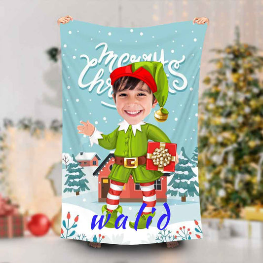 Lofaris Personalized Christmas Elf Boy With Gift Beach Towel