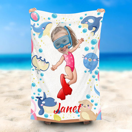 Lofaris Personalized Diving Girl Ocean Animals Beach Towel