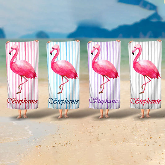 Lofaris Personalized Flamingo Stripes Name Fun Beach Towel