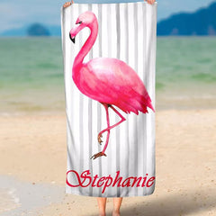 Lofaris Personalized Flamingo Stripes Name Fun Beach Towel