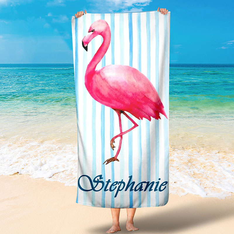 Lofaris Personalized Flamingo Stripes Name Fun Beach Towel