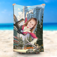 Lofaris Personalized Flying Spidergirl Street Name Beach Towel