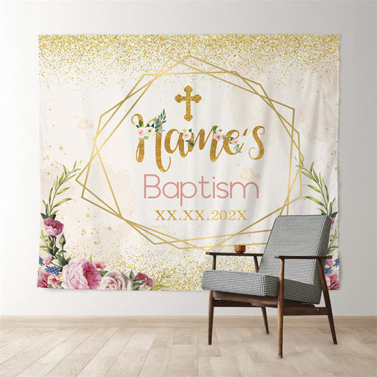 Lofaris Personalized Gold Glitter Floral Baptism Backdrop For Girl