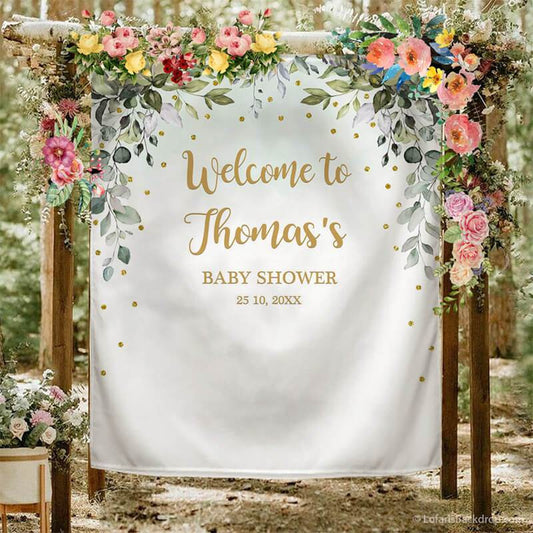 Lofaris Personalized Green Leaves Backdrop for Baby Shower Party