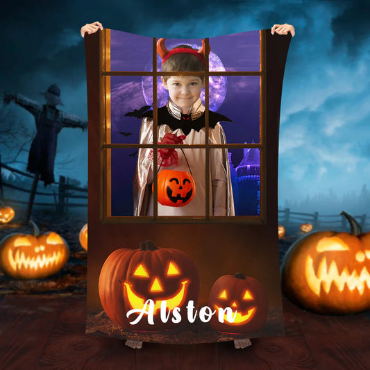 Lofaris Personalized Halloween Boy Pumpkinlight Beach Towel