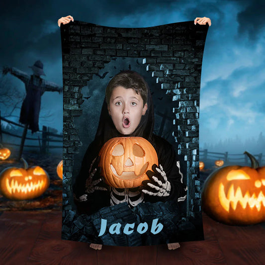 Lofaris Personalized Halloween Pumpkinboy Photo Beach Towel