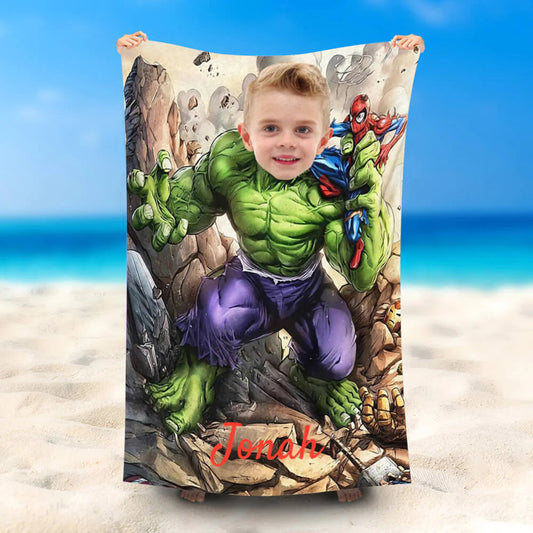 Lofaris Personalized Hulk Hold Spiderman Stones Beach Towel
