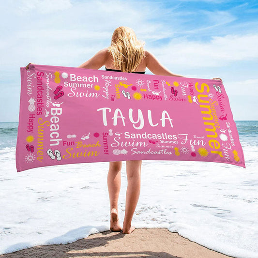 Lofaris Personalized Name And Text Pink Summer Beach Towel