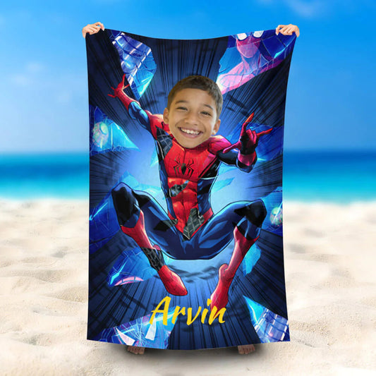 Lofaris Personalized Name Broken Spiderboy Blue Beach Towel