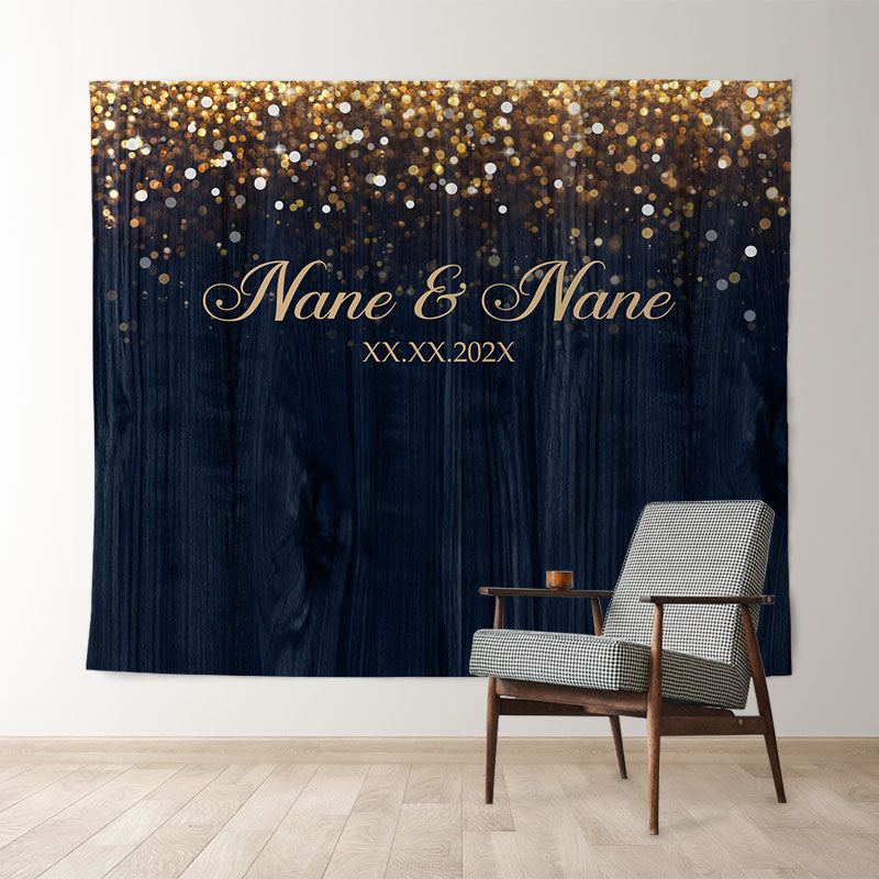Lofaris Personalized Navy Blue Bokeh Wood Wedding Backdrop Banner