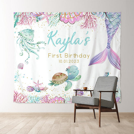 Lofaris Personalized Pastel Mermaid Birthday Backdrop Banner