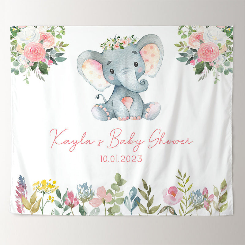 Lofaris Personalized Pink Elephant Baby Shower Backdrop Banner