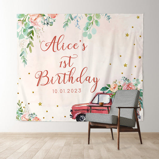 Lofaris Personalized Pink Floral Greeny Girl Birthday Banner