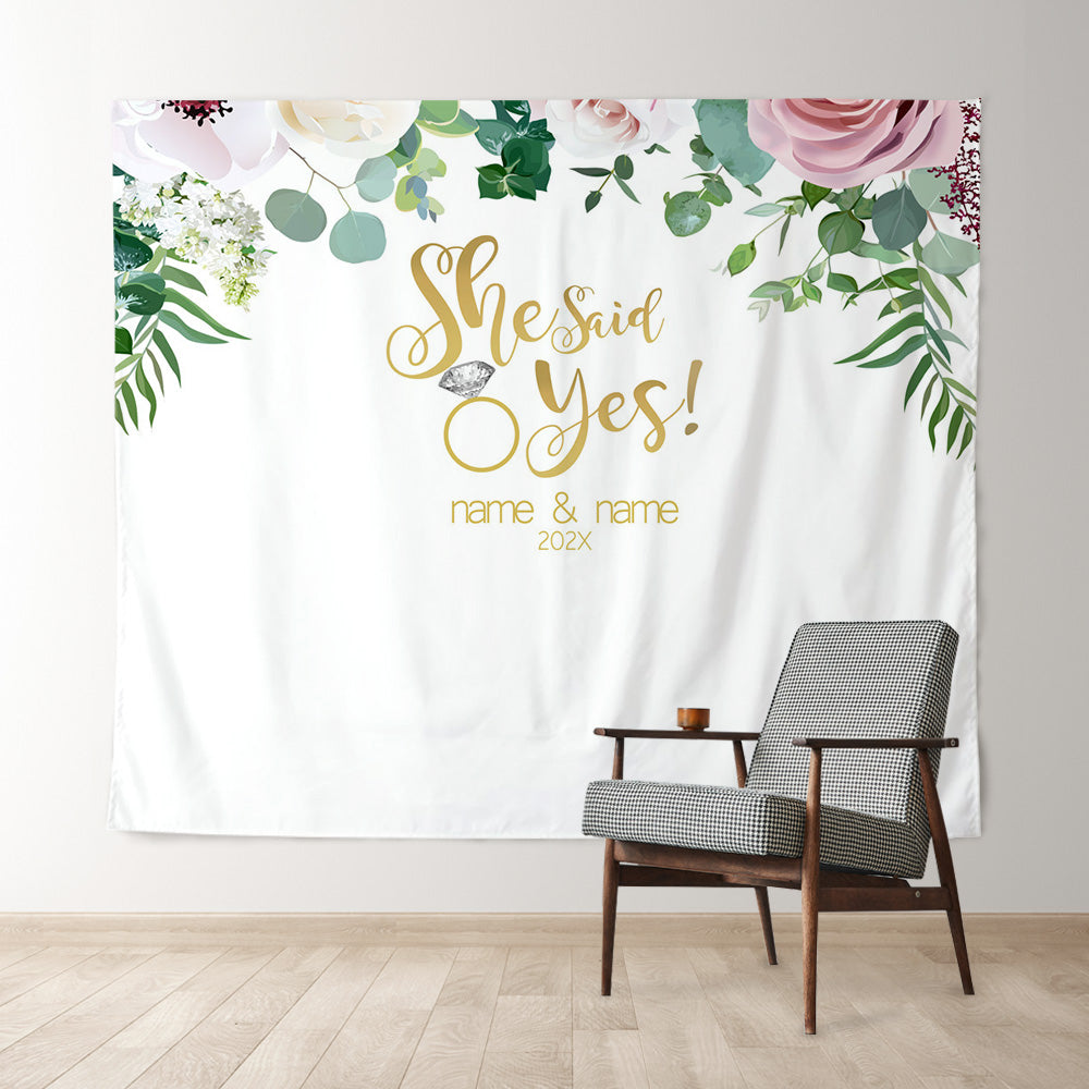Lofaris Personalized Pink Floral She Said Yes Wedding Backdrop