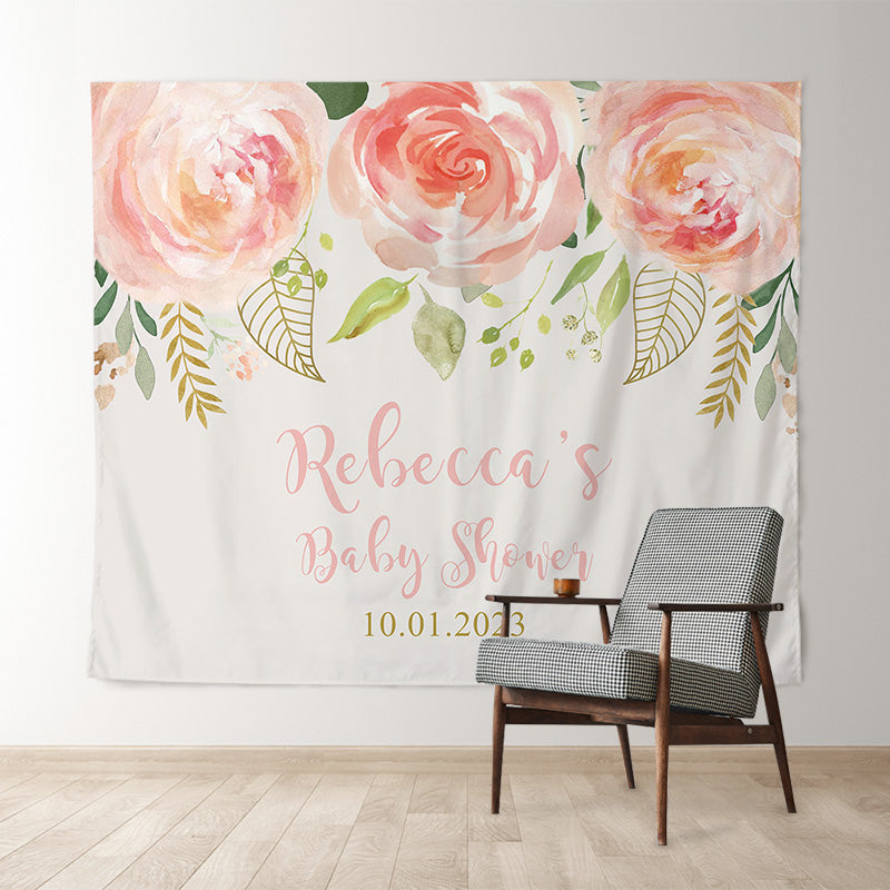 Lofaris Personalized Pink Flower Gold Baby Shower Backdrop Banner
