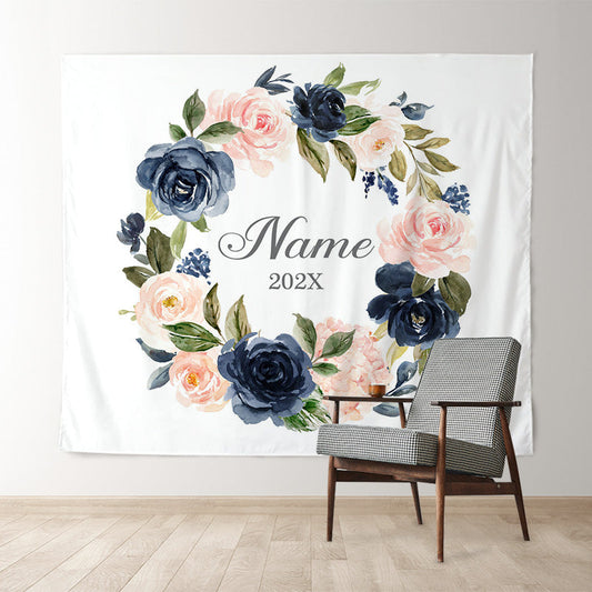 Lofaris Personalized Pink Navy Watercolor Floral Wedding Backdrop