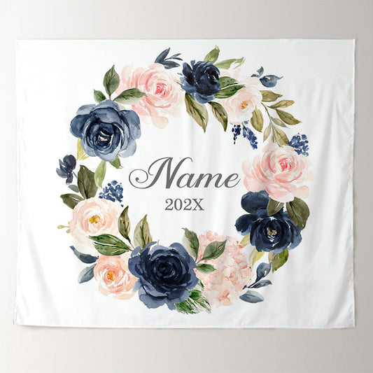 Lofaris Personalized Pink Navy Watercolor Floral Wedding Backdrop