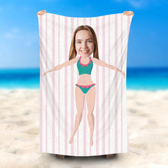 Lofaris Personalized Pink Stripe Sunny Lady Beach Towel With Face