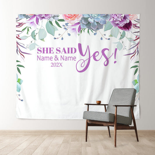 Lofaris Personalized Purple Floral She Said Yes Wedding Backdrop
