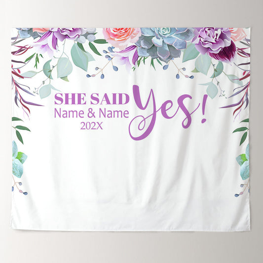 Lofaris Personalized Purple Floral She Said Yes Wedding Backdrop