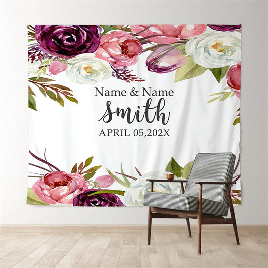 Lofaris Personalized Purple Pink Watercolor Floral Wedding Backdrop