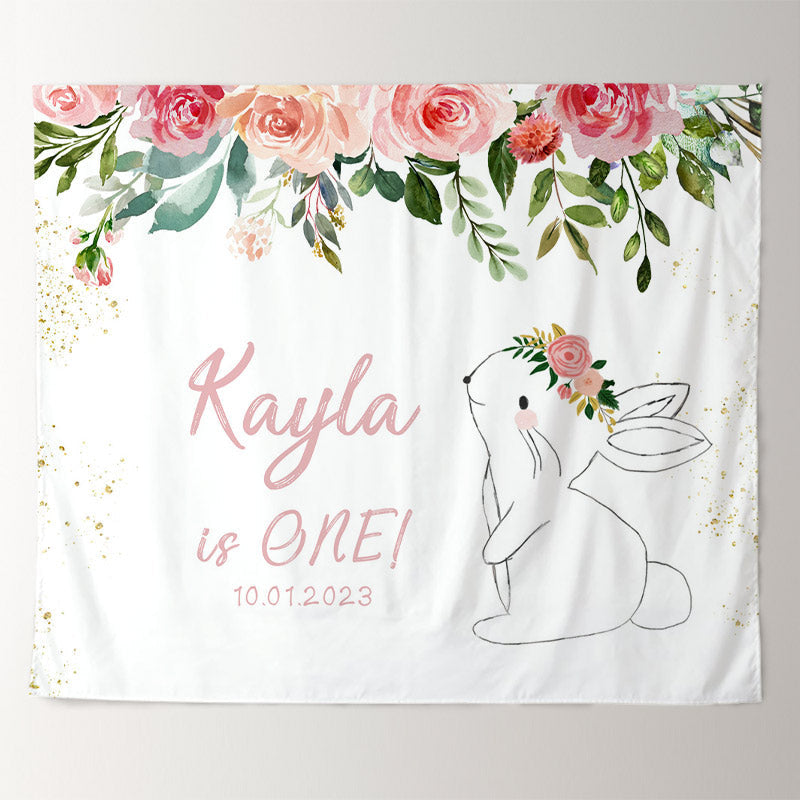 Lofaris Personalized Rabbit And Flower Birthday Backdrop Banner