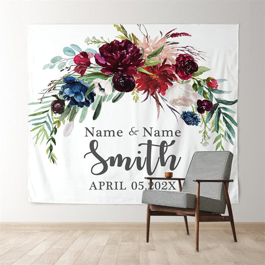 Lofaris Personalized Red BlueF loral Name Wedding Backdrop